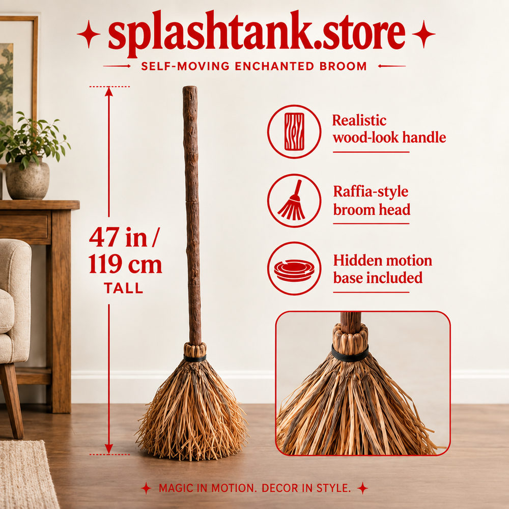 Height chart showing the animated witch broom at 47 inches tall with hidden motion base