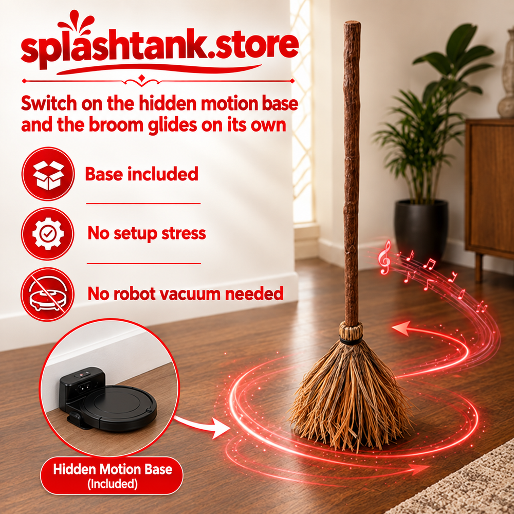 Animated witch broom shown from the side with bendable wood-look handle