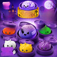 Ghost dumpling squishy shown next to its steamer basket lid